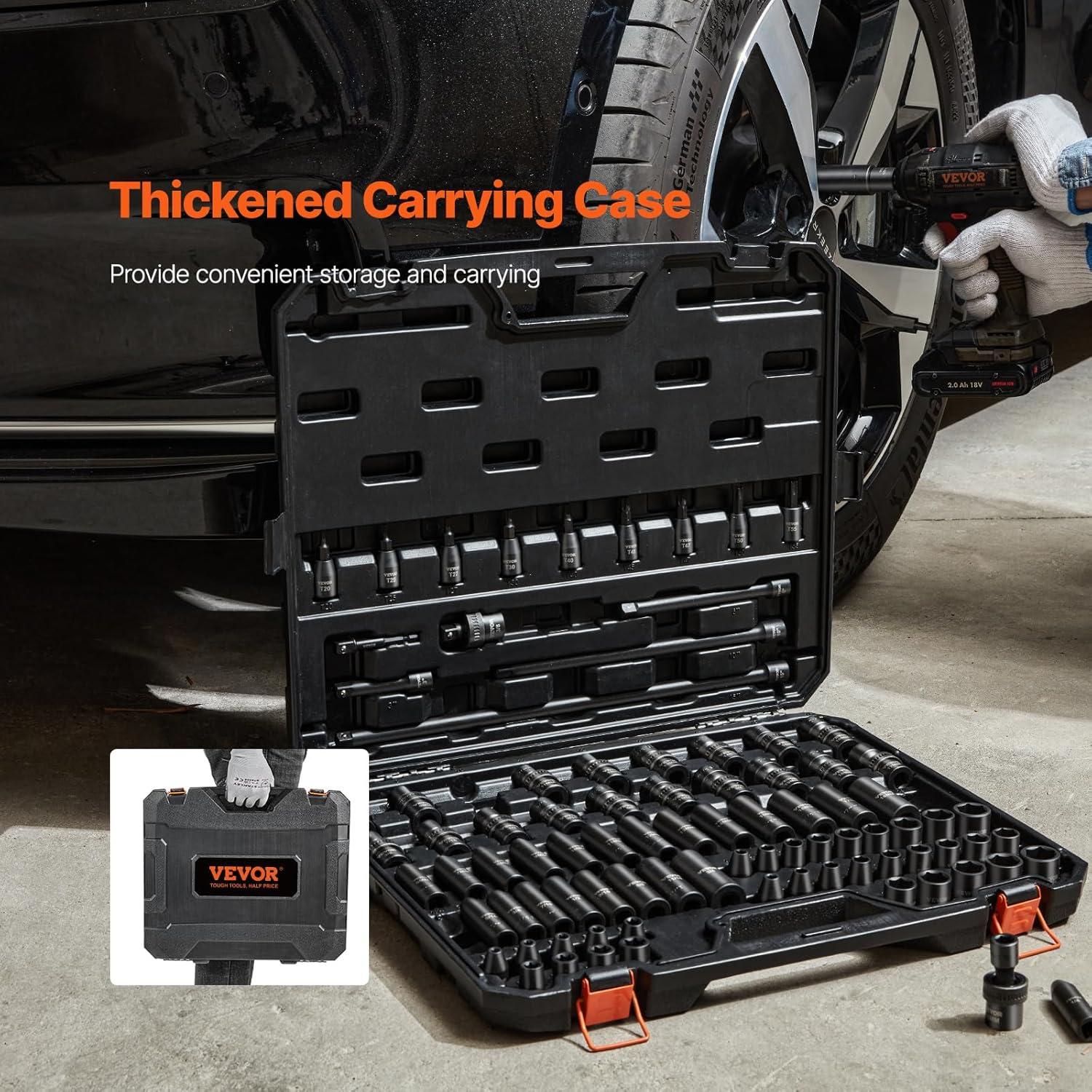 image:imageVEVOR Impact Socket Set 38 Drive 64Piece Standard SAE 516 to 1 inch amp Metric 6 to 24 mm Size Deep amp Shallow 6 Point CRV Ratchet Handle Extension Bars Universal Joint Adapters38 90PCS Swivel CRMO