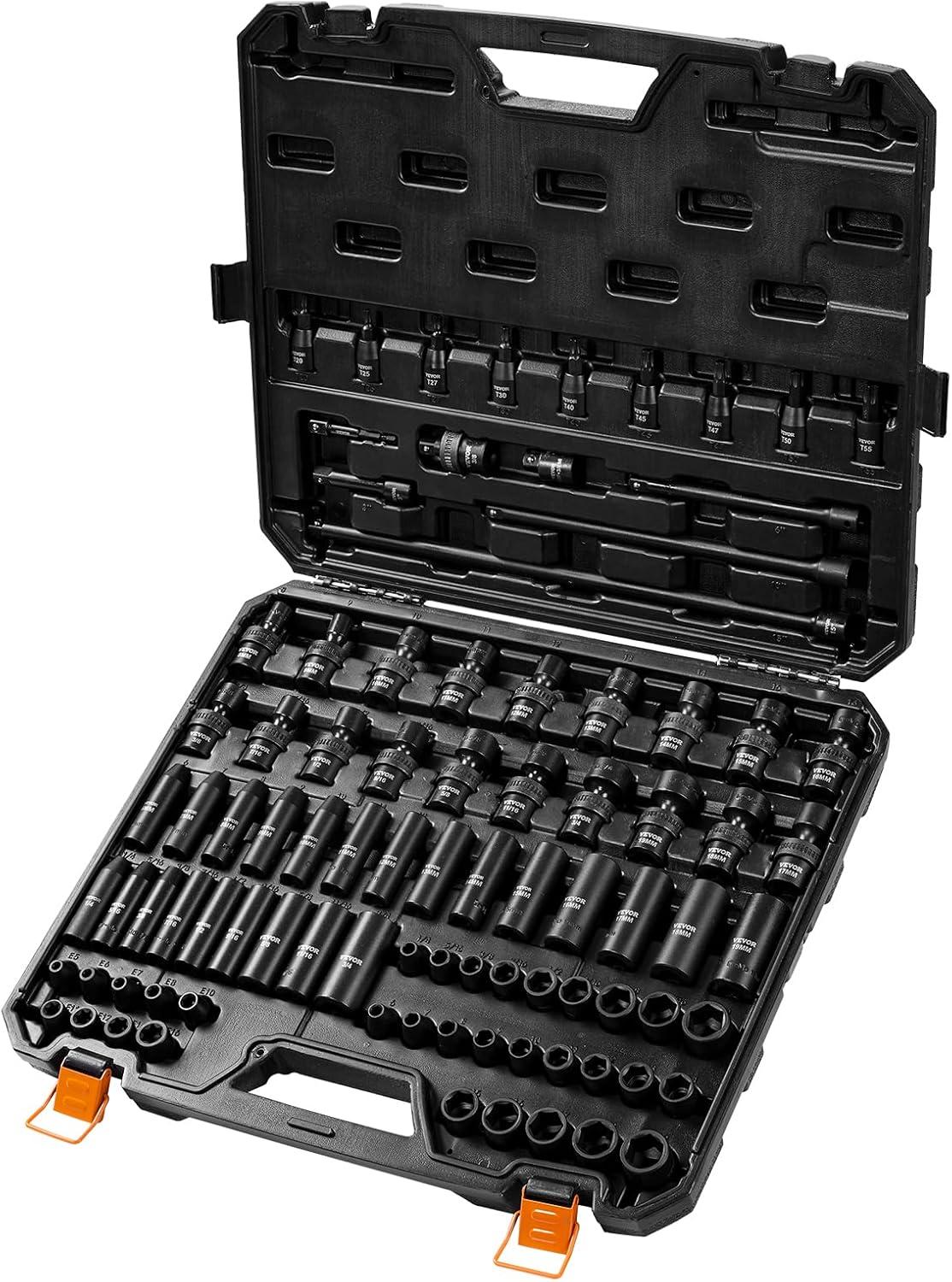 image:imageVEVOR Impact Socket Set 38 Drive 64Piece Standard SAE 516 to 1 inch amp Metric 6 to 24 mm Size Deep amp Shallow 6 Point CRV Ratchet Handle Extension Bars Universal Joint Adapters38 90PCS Swivel CRMO