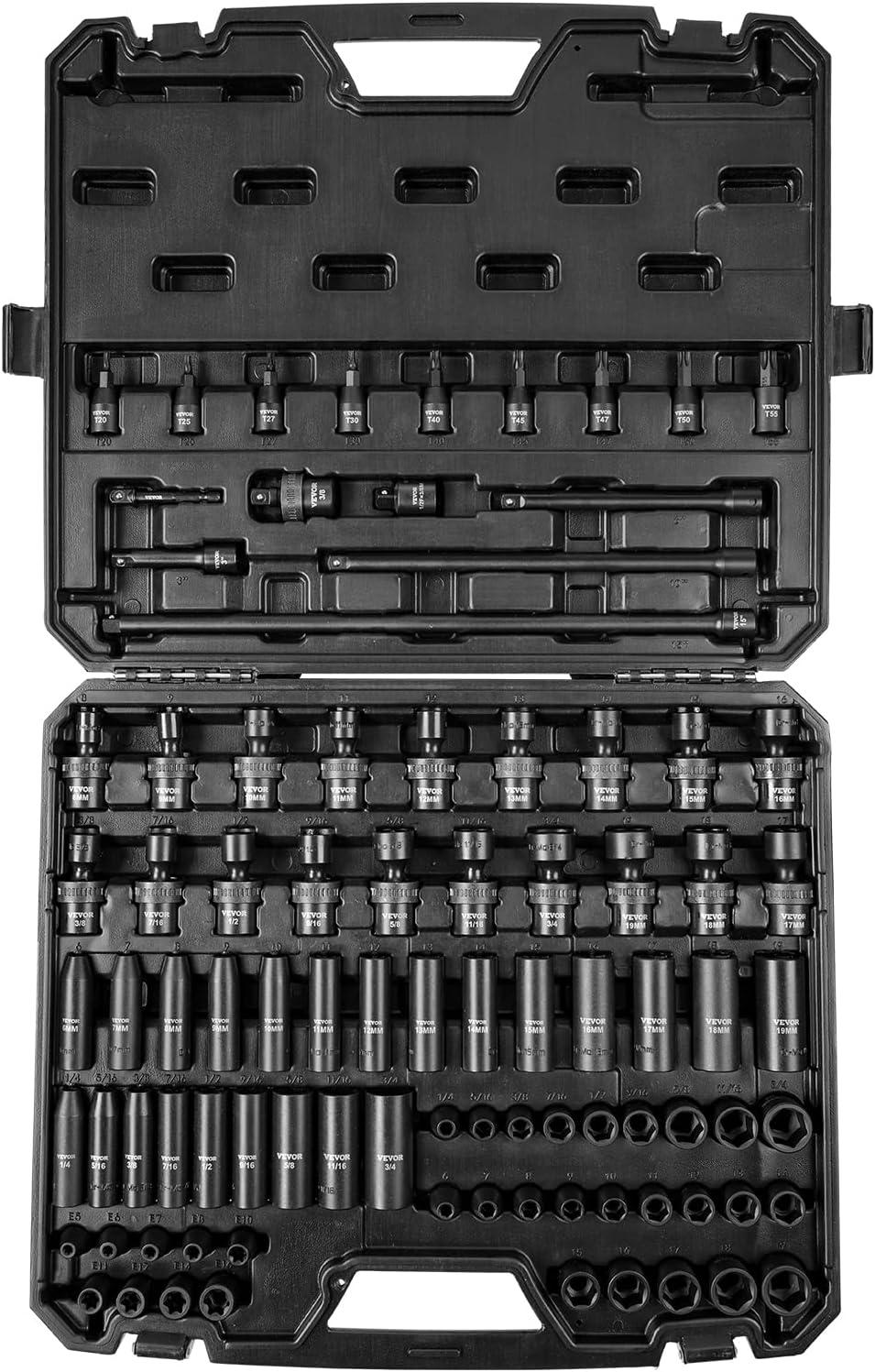 image:imageVEVOR Impact Socket Set 38 Drive 64Piece Standard SAE 516 to 1 inch amp Metric 6 to 24 mm Size Deep amp Shallow 6 Point CRV Ratchet Handle Extension Bars Universal Joint Adapters38 90PCS Swivel CRMO