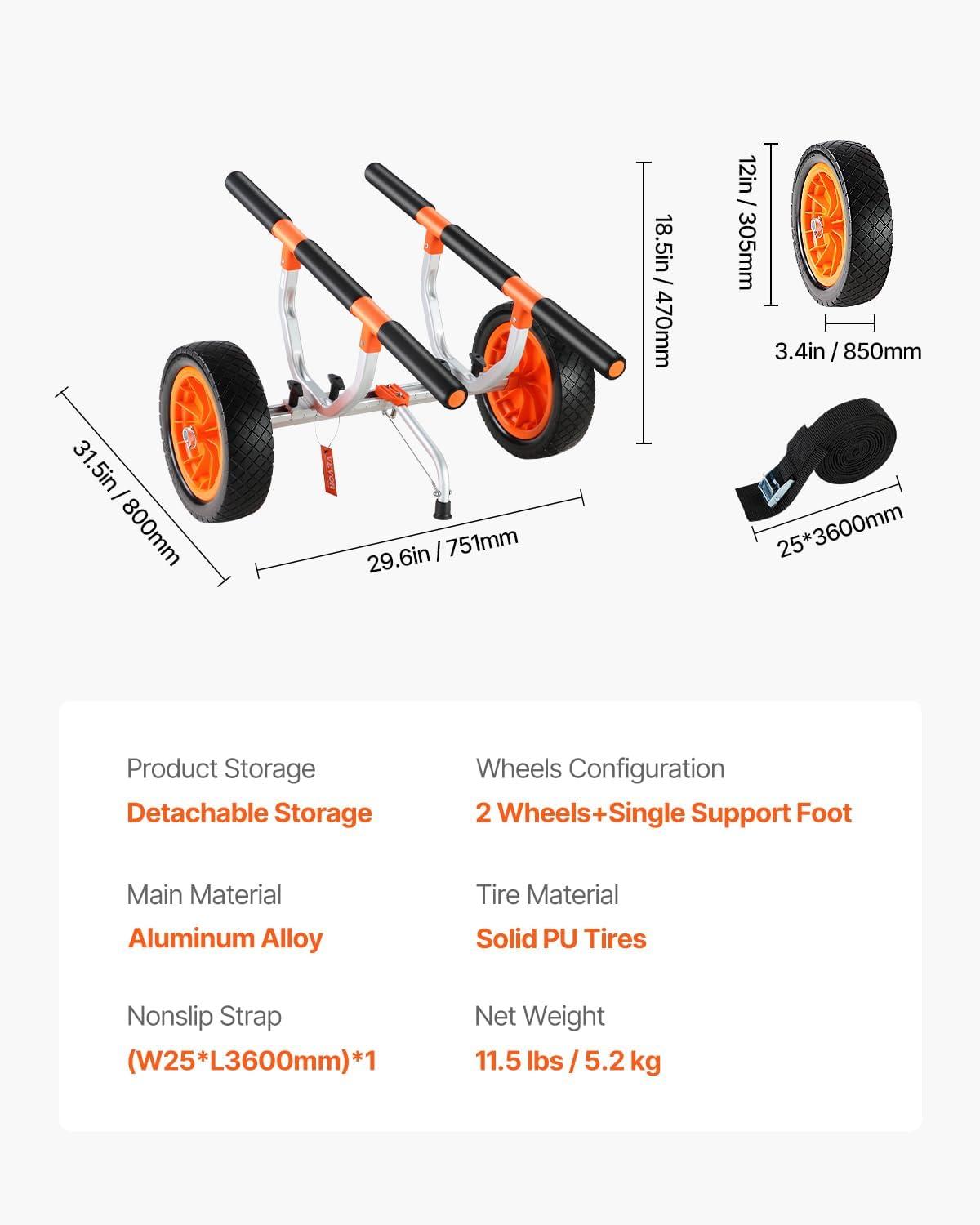 image:imageVEVOR Kayak Cart Heavy Duty 450 LBS Load Capacity Kayak Trailer Detachable Canoe Trolley Cart with Adjustable Width amp Nonslip Support Foot 12 Solid Tires for Kayaks Canoes Float Mats Paddleboards