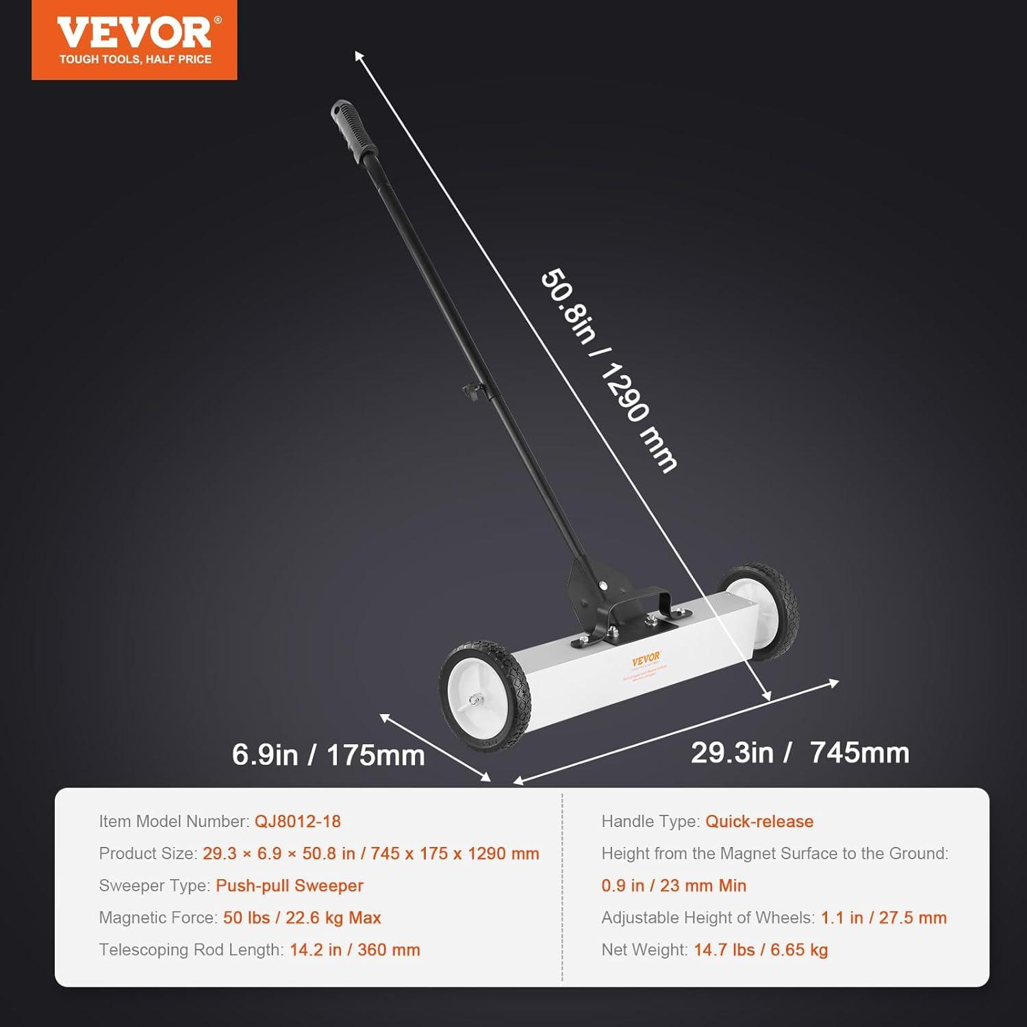 image:imageVEVOR Magnetic Pick Up Sweeper 17inch Heavy Duty Magnet Pickup Lawn Sweeper Roofing Tools 10 Lbs Yard Magnet with Telescoping Holder and Wheels to Pick Up Nails Magnetic Sweeper for Construction24 Inch50LBS