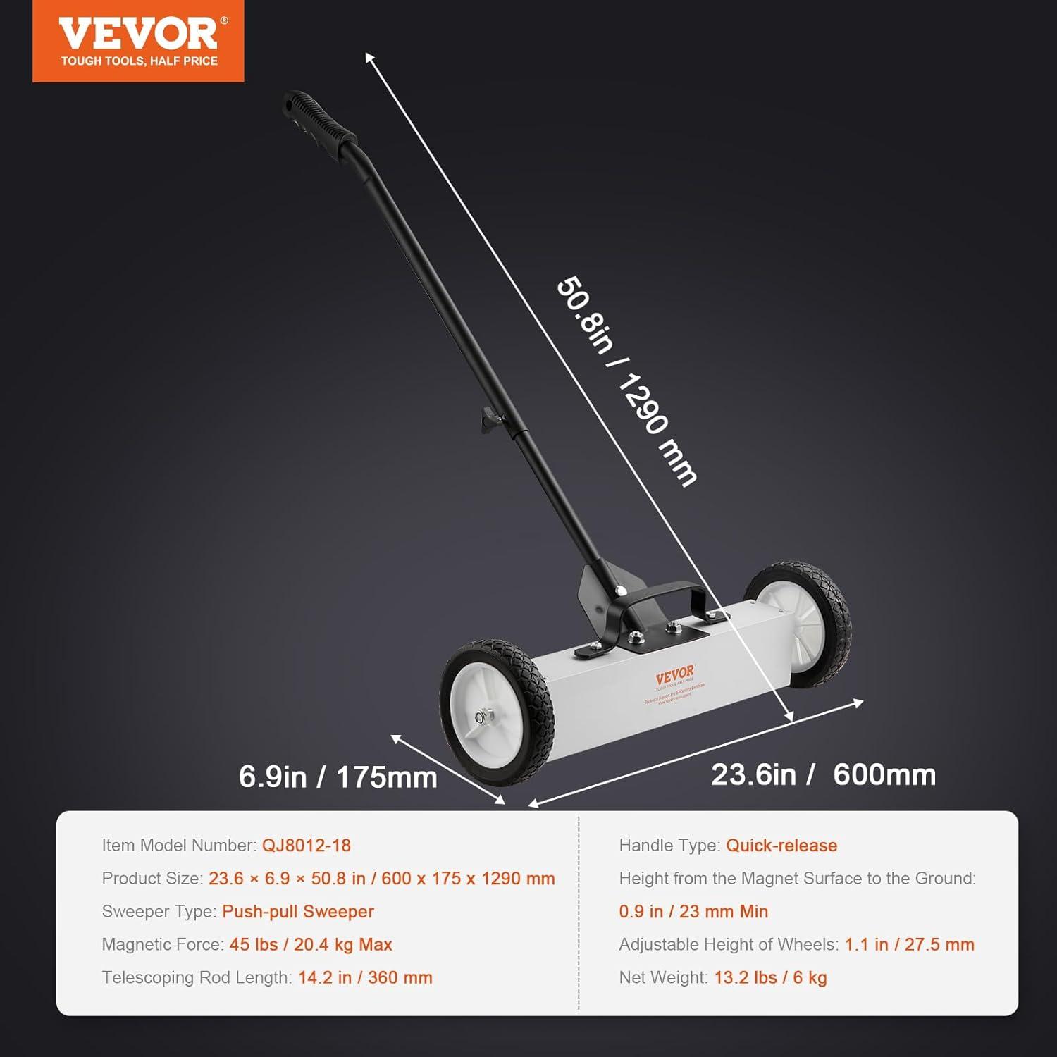 image:imageVEVOR Magnetic Pick Up Sweeper 17inch Heavy Duty Magnet Pickup Lawn Sweeper Roofing Tools 10 Lbs Yard Magnet with Telescoping Holder and Wheels to Pick Up Nails Magnetic Sweeper for Construction18 Inch45LBS