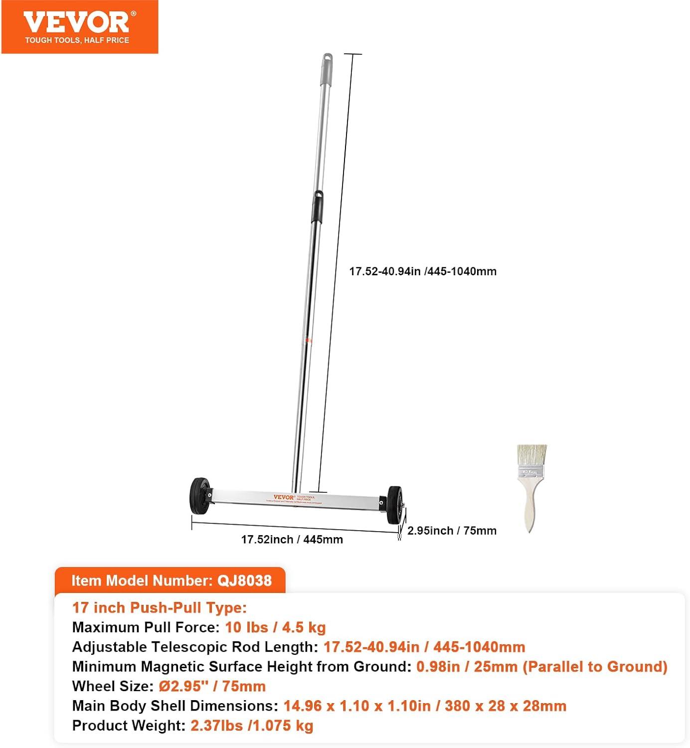 image:imageVEVOR Magnetic Pick Up Sweeper 17inch Heavy Duty Magnet Pickup Lawn Sweeper Roofing Tools 10 Lbs Yard Magnet with Telescoping Holder and Wheels to Pick Up Nails Magnetic Sweeper for Construction17 Inch10LBS