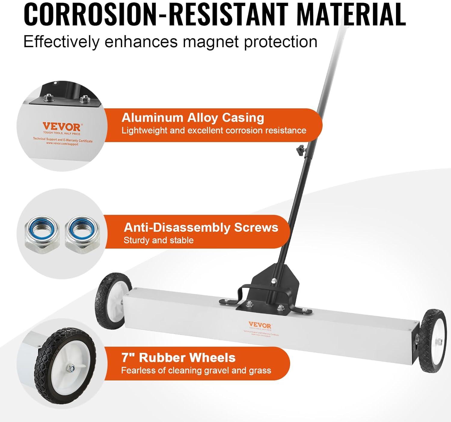 image:imageVEVOR Magnetic Pick Up Sweeper 17inch Heavy Duty Magnet Pickup Lawn Sweeper Roofing Tools 10 Lbs Yard Magnet with Telescoping Holder and Wheels to Pick Up Nails Magnetic Sweeper for Construction36 Inch55LBS