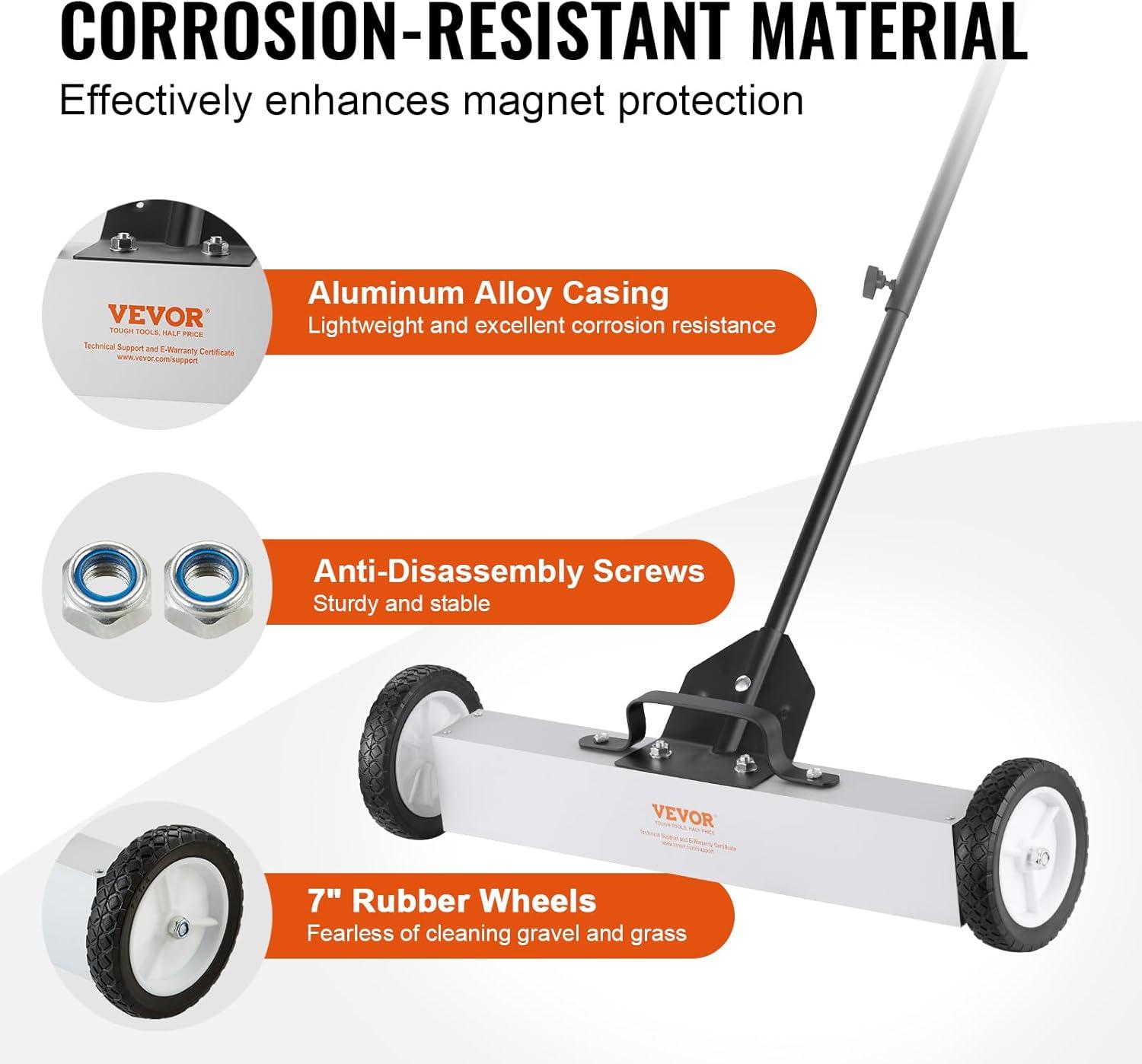 image:imageVEVOR Magnetic Pick Up Sweeper 17inch Heavy Duty Magnet Pickup Lawn Sweeper Roofing Tools 10 Lbs Yard Magnet with Telescoping Holder and Wheels to Pick Up Nails Magnetic Sweeper for Construction24 Inch50LBS