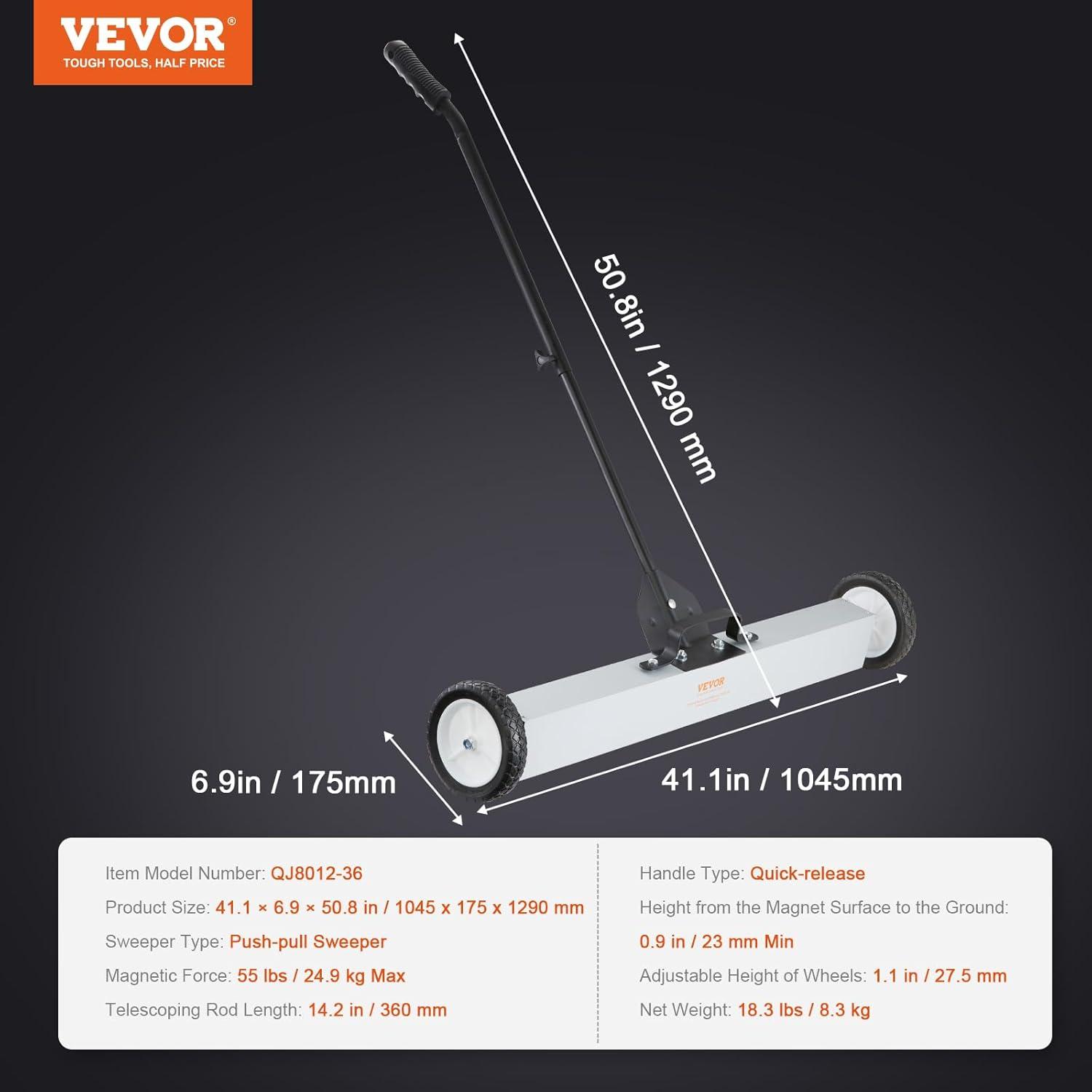 image:imageVEVOR Magnetic Pick Up Sweeper 17inch Heavy Duty Magnet Pickup Lawn Sweeper Roofing Tools 10 Lbs Yard Magnet with Telescoping Holder and Wheels to Pick Up Nails Magnetic Sweeper for Construction36 Inch55LBS