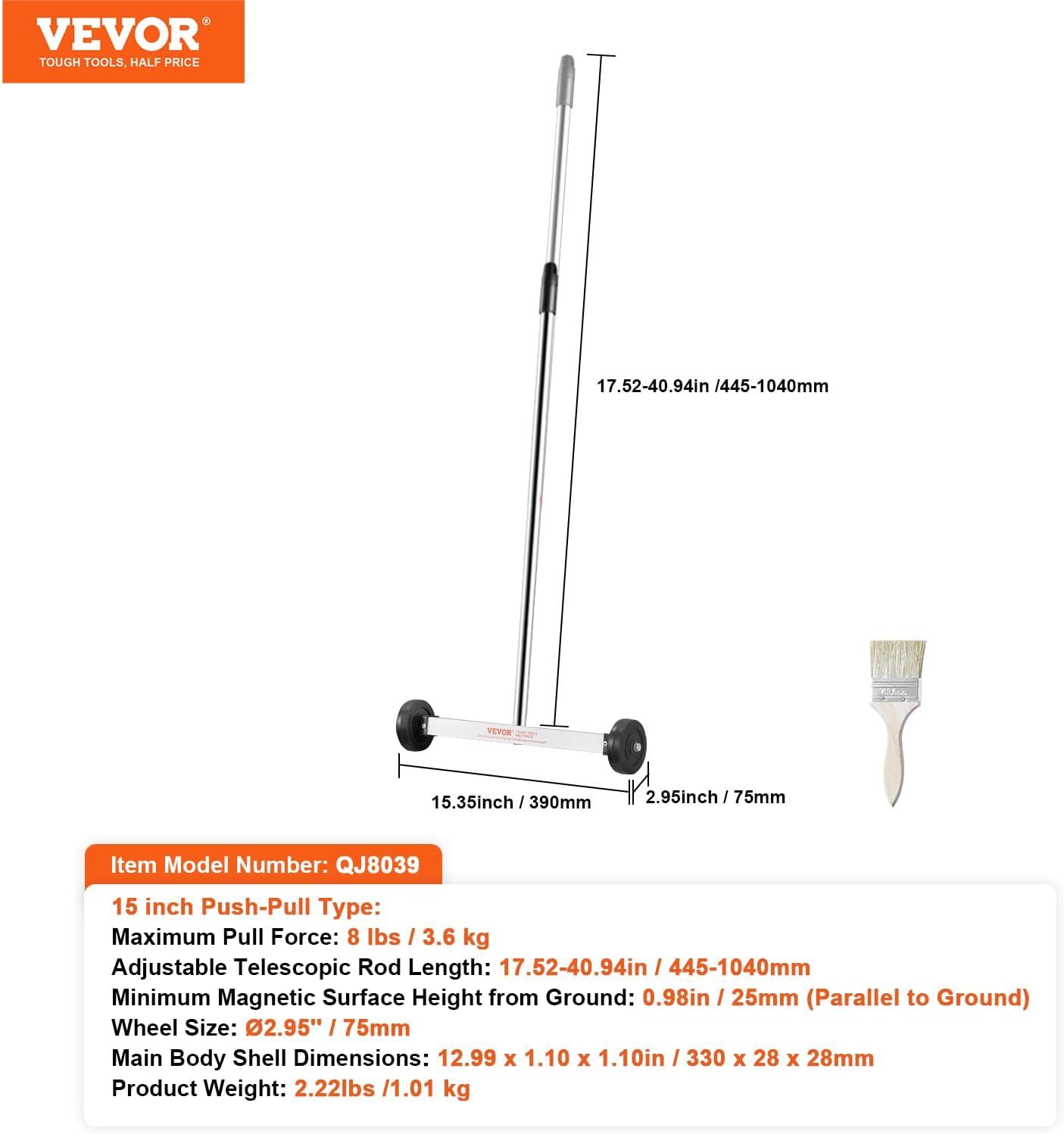 image:imageVEVOR Magnetic Pick Up Sweeper 17inch Heavy Duty Magnet Pickup Lawn Sweeper Roofing Tools 10 Lbs Yard Magnet with Telescoping Holder and Wheels to Pick Up Nails Magnetic Sweeper for Construction15 Inch8LBS