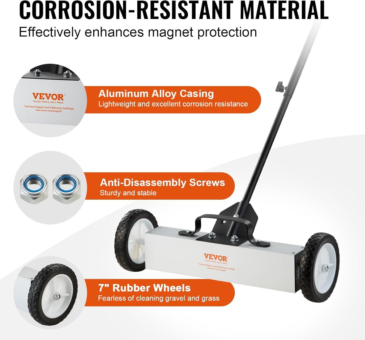 image:imageVEVOR Magnetic Pick Up Sweeper 17inch Heavy Duty Magnet Pickup Lawn Sweeper Roofing Tools 10 Lbs Yard Magnet with Telescoping Holder and Wheels to Pick Up Nails Magnetic Sweeper for Construction18 Inch45LBS
