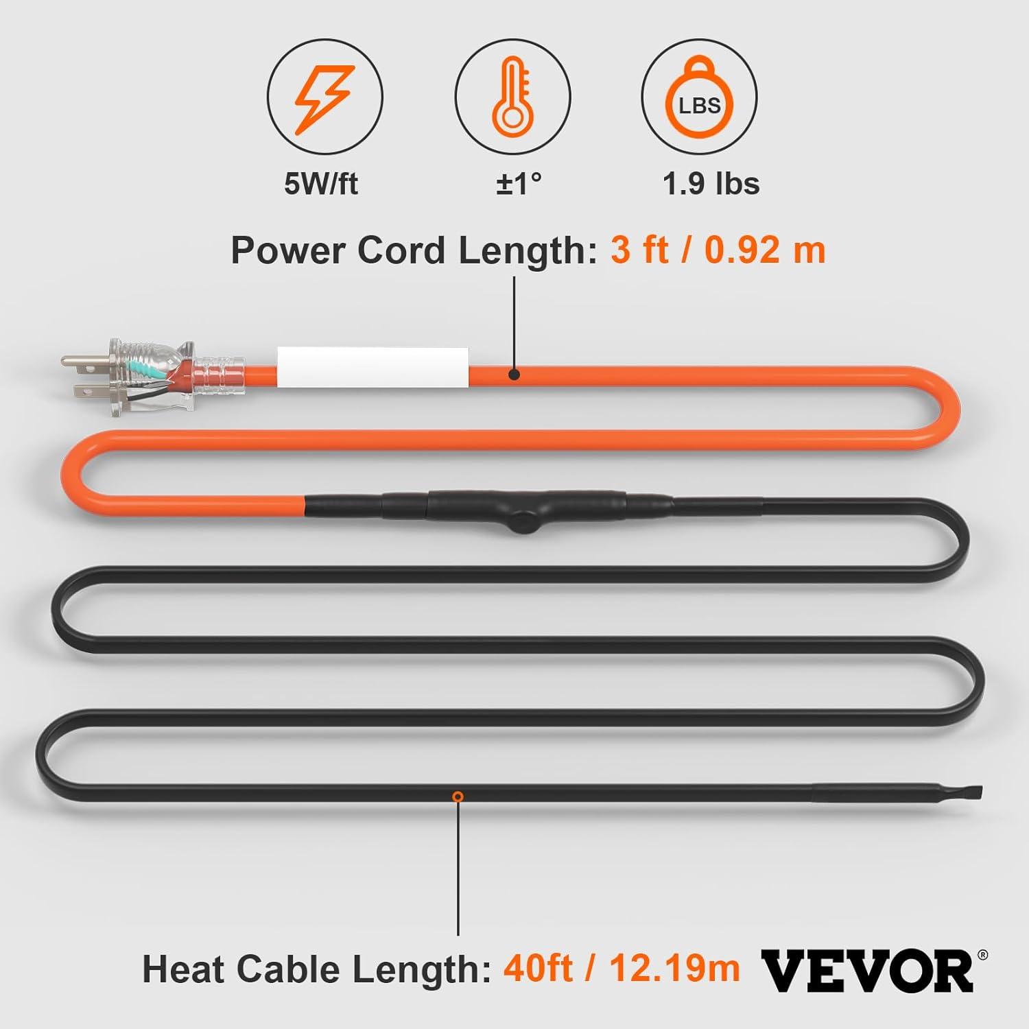 image:imageVEVOR SelfRegulating Pipe Heating Cable 100feet 5Wft Heat Tape for Pipes Freeze Protection Protects PVC Hose Metal and Plastic Pipe from Freezing 120V40FT