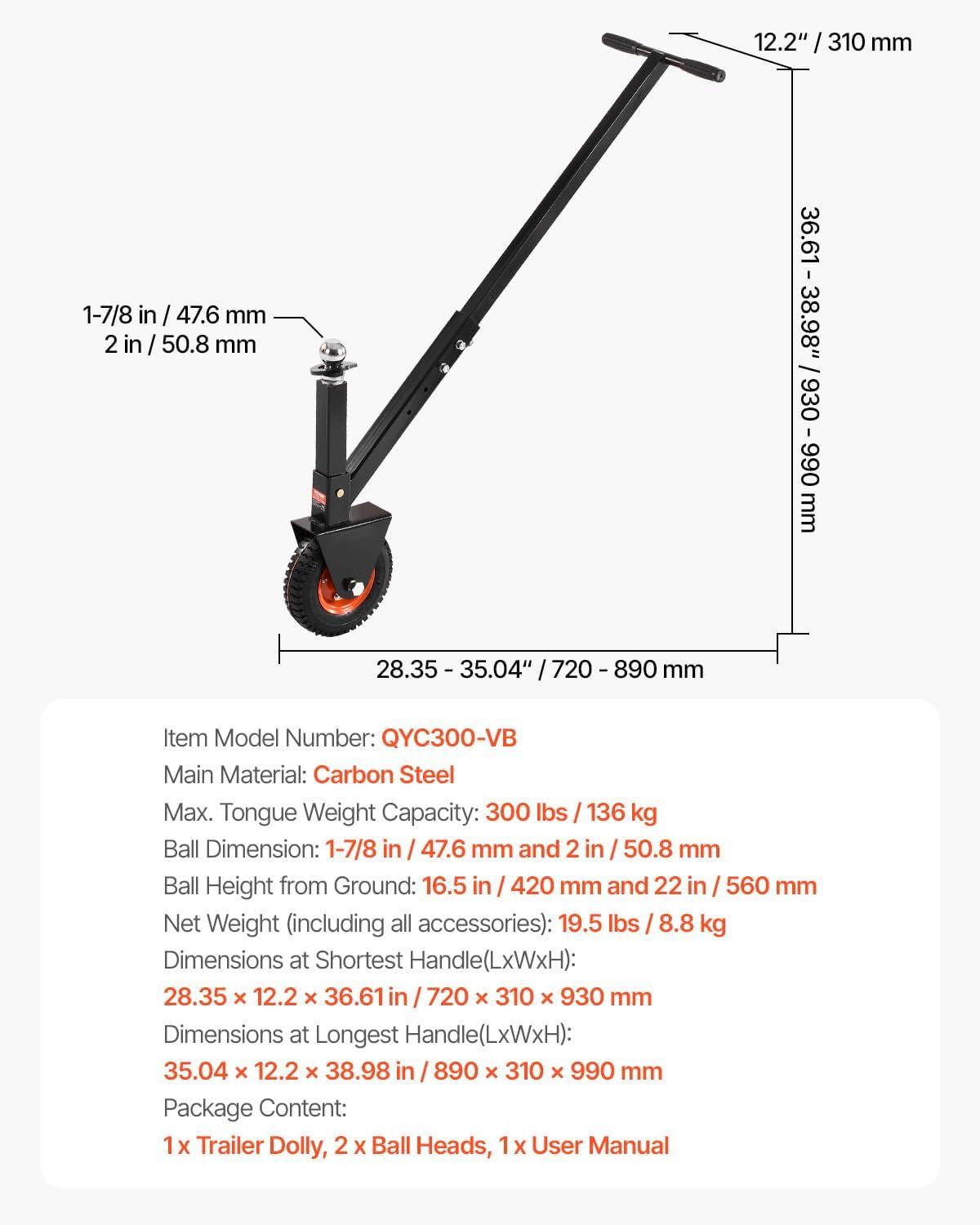 image:imageVEVOR Trailer Dolly 300lbs Tongue Weight Capacity 165 inch and 22 inch Height Adjustable Trailer Dolly with 178 inch and 2 inch Balls 85 inch Pneumatic Rubber Tire for Moving RV300lbs