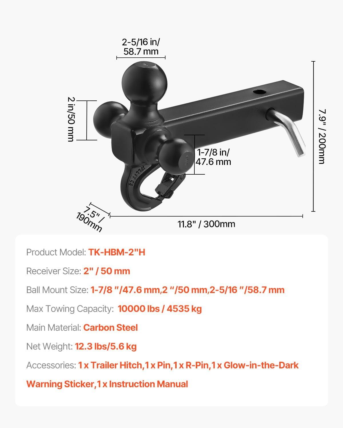 image:imageVEVOR Trailer Hitch TriBall Mount with Hook amp Pin Trailer Ball Size 178 2 and 2516 Fit 2Inch Hitch Receiver Max 10000 lbs Ball Hitch Towing Hitch for RVs SUVs ATVs and TrucksNot Adjustable