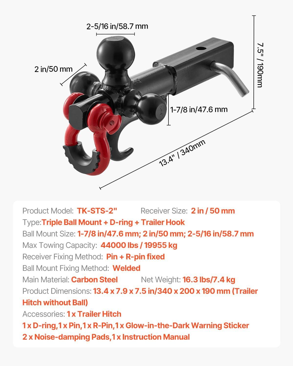 image:imageVEVOR Trailer Hitch TriBall Mount with Hook amp Pin Trailer Ball Size 178 2 and 2516 Fit 2Inch Hitch Receiver Max 10000 lbs Ball Hitch Towing Hitch for RVs SUVs ATVs and TrucksNot Adjustable