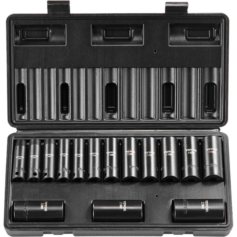 image:imageVEVOR 96 Piece 38 Drive Impact Socket Wrench and Bit Set SAE 516 to 34 amp Metric 8 to 22 mm CRV Deep amp Shallow 6 Point Ratchet Universal Joint Bit Holder Adapters Spark Plug Socket38 15PCS CRMO