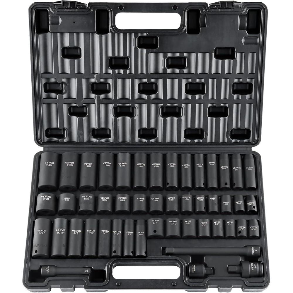image:imageVEVOR 96 Piece 38 Drive Impact Socket Wrench and Bit Set SAE 516 to 34 amp Metric 8 to 22 mm CRV Deep amp Shallow 6 Point Ratchet Universal Joint Bit Holder Adapters Spark Plug Socket38 48PCS