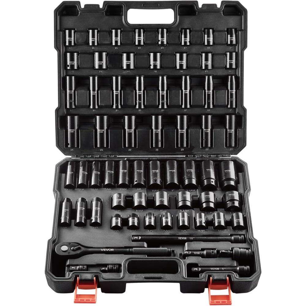 image:imageVEVOR 96 Piece 38 Drive Impact Socket Wrench and Bit Set SAE 516 to 34 amp Metric 8 to 22 mm CRV Deep amp Shallow 6 Point Ratchet Universal Joint Bit Holder Adapters Spark Plug Socket12 65PCS