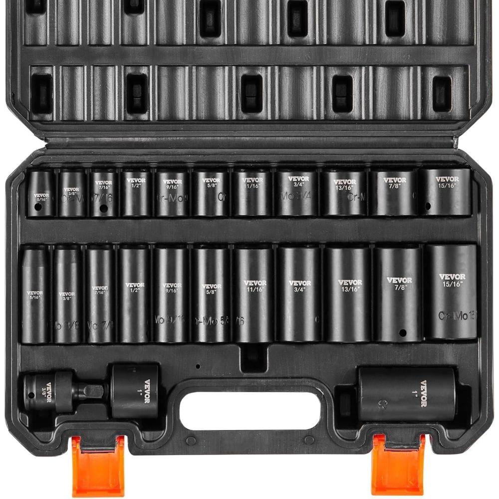 image:imageVEVOR 96 Piece 38 Drive Impact Socket Wrench and Bit Set SAE 516 to 34 amp Metric 8 to 22 mm CRV Deep amp Shallow 6 Point Ratchet Universal Joint Bit Holder Adapters Spark Plug Socket38 25PCS CRMO
