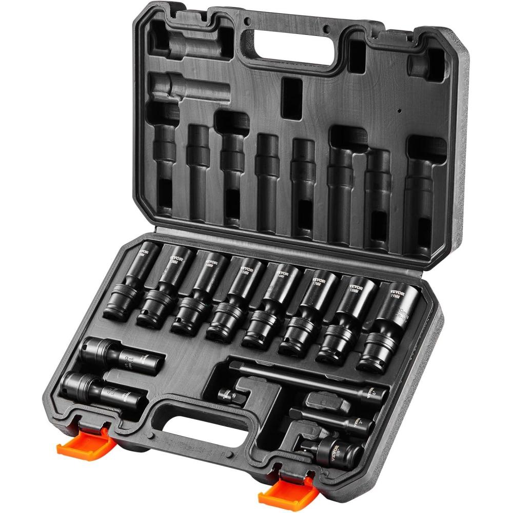 image:imageVEVOR 96 Piece 38 Drive Impact Socket Wrench and Bit Set SAE 516 to 34 amp Metric 8 to 22 mm CRV Deep amp Shallow 6 Point Ratchet Universal Joint Bit Holder Adapters Spark Plug Socket38 14PCS Universal CRMO