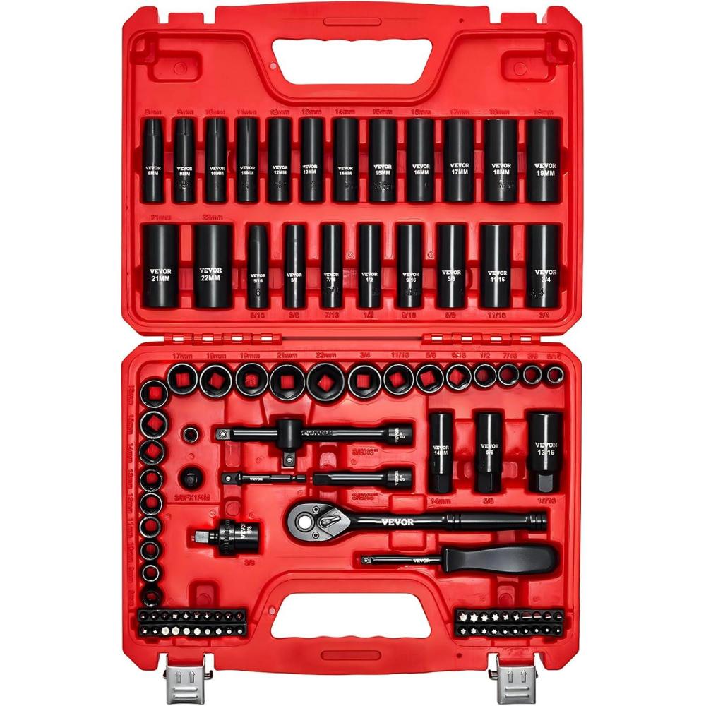 image:imageVEVOR 96 Piece 38 Drive Impact Socket Wrench and Bit Set SAE 516 to 34 amp Metric 8 to 22 mm CRV Deep amp Shallow 6 Point Ratchet Universal Joint Bit Holder Adapters Spark Plug Socket38 96 PCS