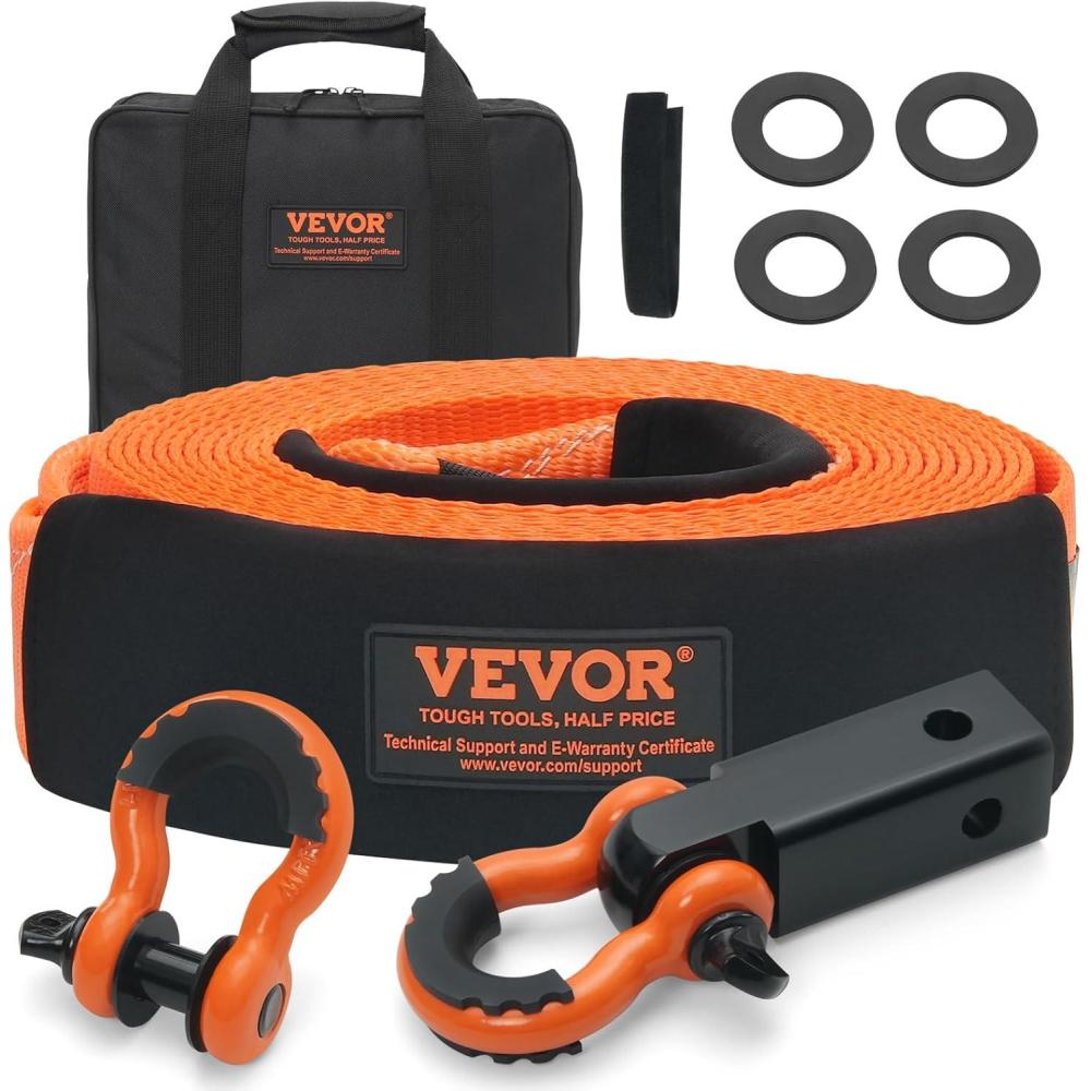 image:imageVEVOR Heavy Duty Tow Strap Recovery Kit 3 x 30 ft MBS36000 lbs Tree Saver Winch Strap Triple Reinforced Loop amp Protective Sleeves amp Storage Bag 34 DRing Shackles for Truck Jeep SUV ATV34 D Ring Shackles 2pcs Hitch Receiver