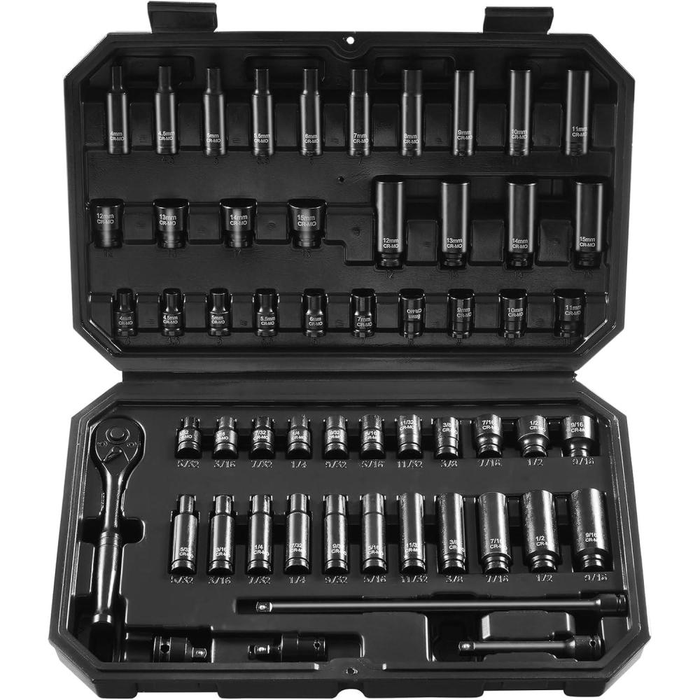 image:imageVEVOR Impact Socket Set 14 Drive 55Piece Deep amp Shallow Socket Set Standard SAE 532 to 916 inch amp Metric 4 to 15 mm Size 6 Point CRV Extension Bar Universal Joint Reducer14 55PCS