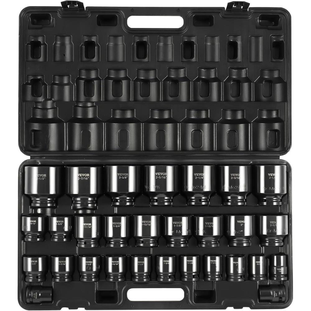 image:imageVEVOR Impact Socket Set 14 Drive 55Piece Deep amp Shallow Socket Set Standard SAE 532 to 916 inch amp Metric 4 to 15 mm Size 6 Point CRV Extension Bar Universal Joint Reducer34 29PCS CRMO