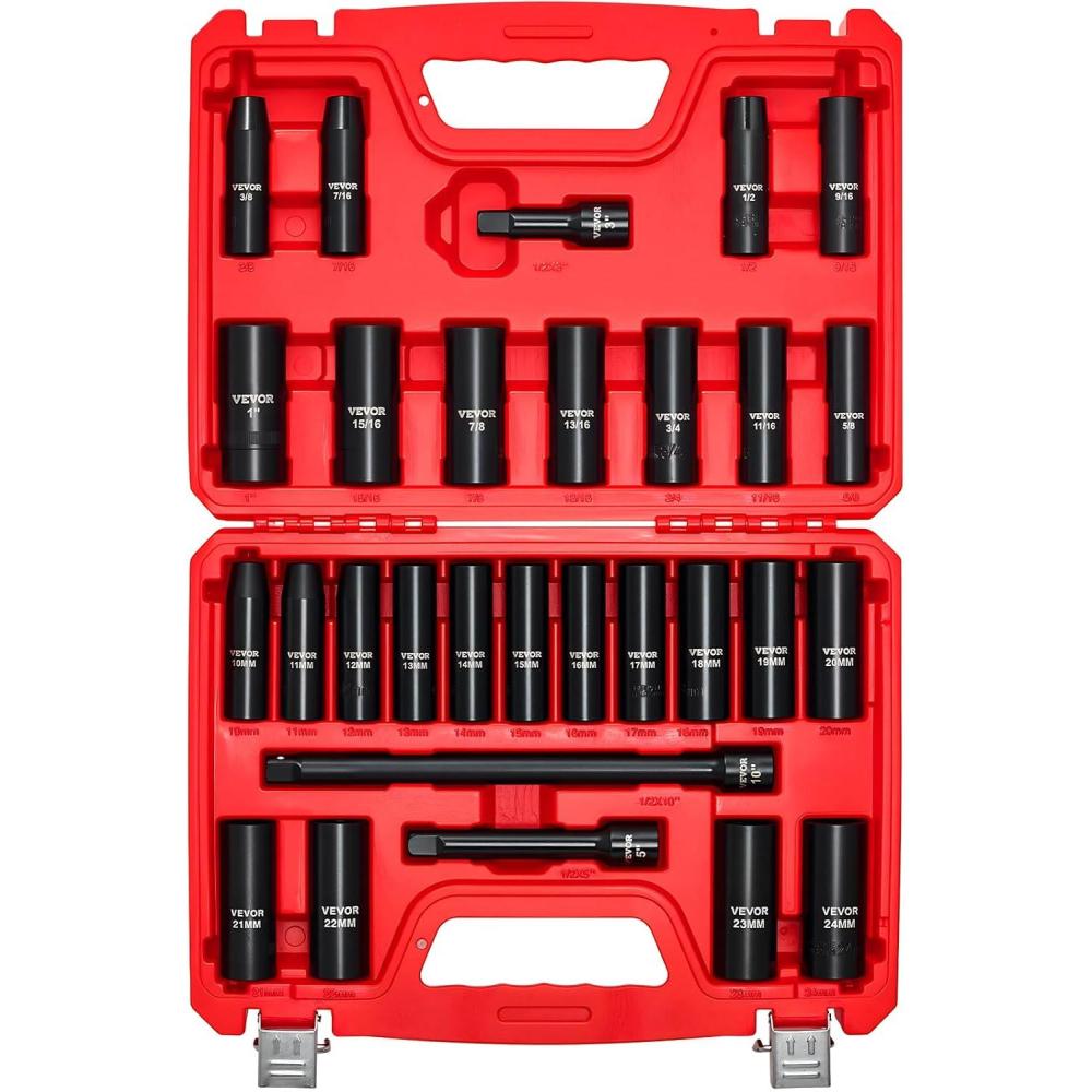 image:imageVEVOR Impact Socket Set 14 Drive 55Piece Deep amp Shallow Socket Set Standard SAE 532 to 916 inch amp Metric 4 to 15 mm Size 6 Point CRV Extension Bar Universal Joint Reducer12 29 PCS