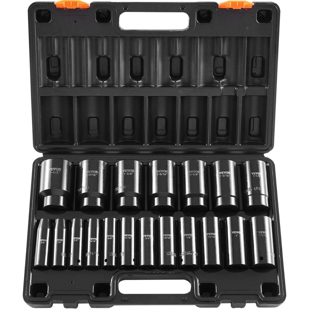 image:imageVEVOR Impact Socket Set 14 Drive 55Piece Deep amp Shallow Socket Set Standard SAE 532 to 916 inch amp Metric 4 to 15 mm Size 6 Point CRV Extension Bar Universal Joint Reducer12 19PCS Deep