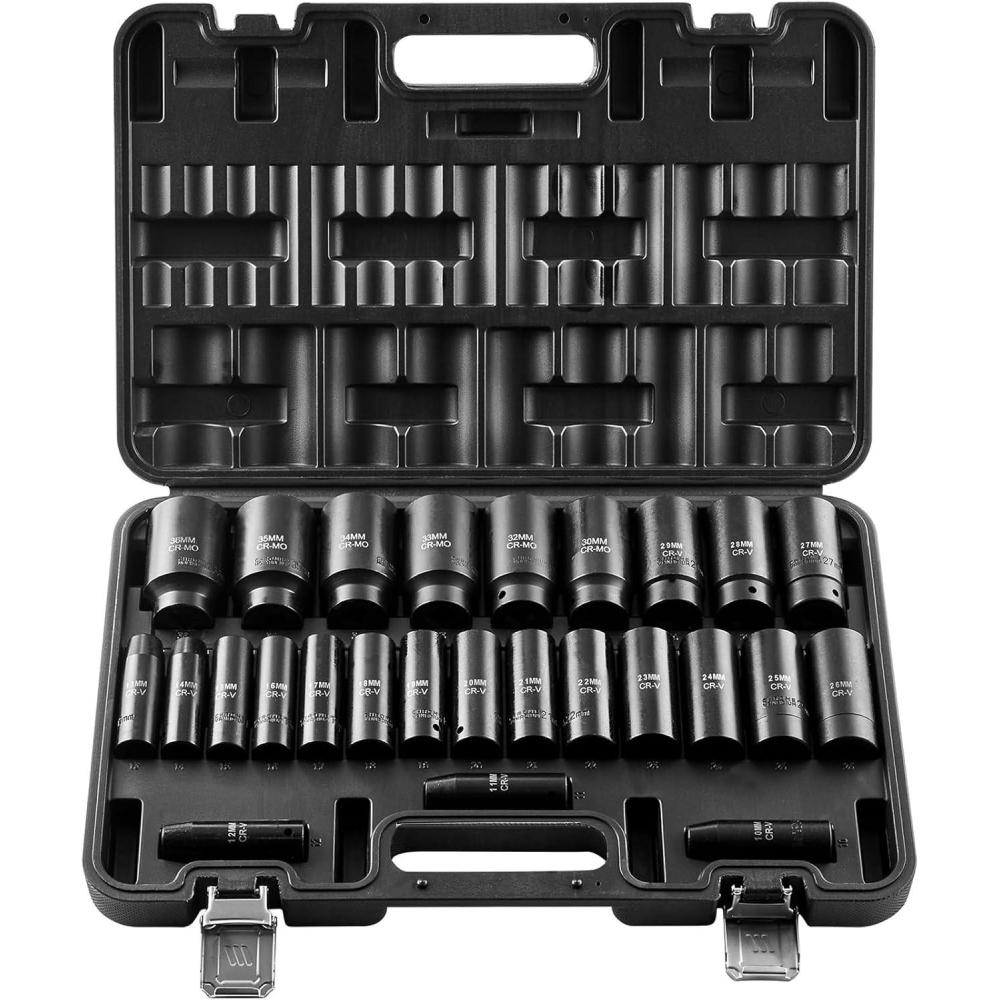 image:imageVEVOR Impact Socket Set 14 Drive 55Piece Deep amp Shallow Socket Set Standard SAE 532 to 916 inch amp Metric 4 to 15 mm Size 6 Point CRV Extension Bar Universal Joint Reducer12 26PCS