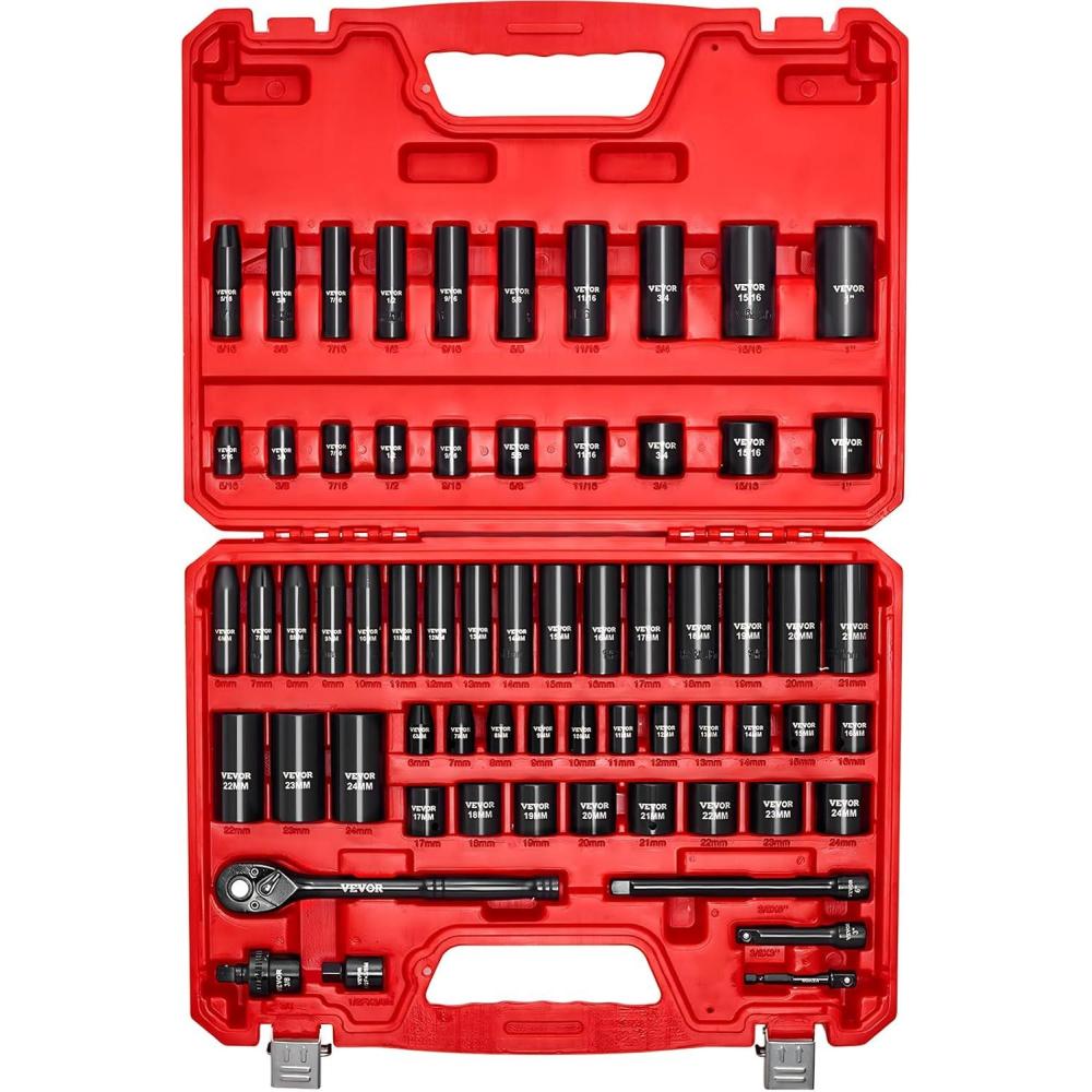 image:imageVEVOR Impact Socket Set 38 Drive 64Piece Standard SAE 516 to 1 inch amp Metric 6 to 24 mm Size Deep amp Shallow 6 Point CRV Ratchet Handle Extension Bars Universal Joint Adapters38 64 PCS