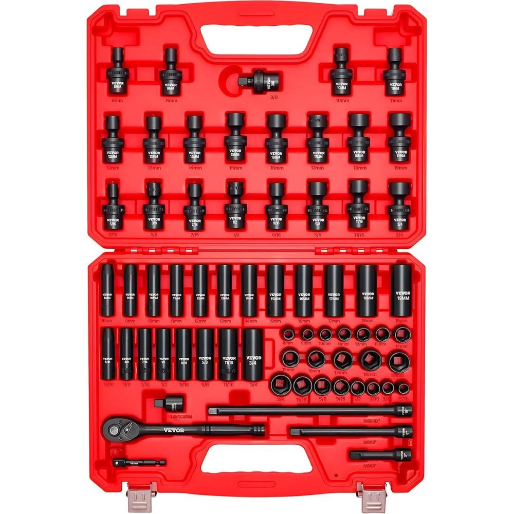 image:imageVEVOR Impact Socket Set 38 Drive 64Piece Standard SAE 516 to 1 inch amp Metric 6 to 24 mm Size Deep amp Shallow 6 Point CRV Ratchet Handle Extension Bars Universal Joint Adapters38 67 PCS Swivel CRMO