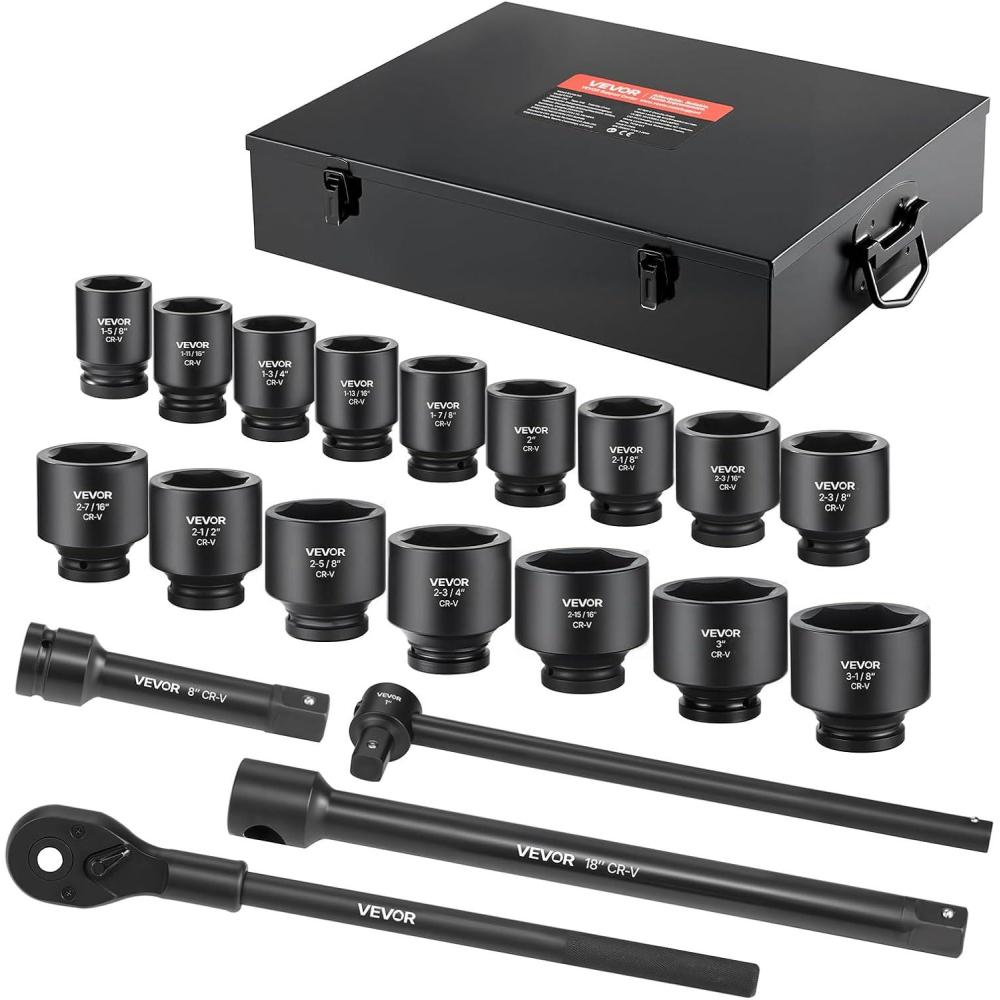 image:imageVEVOR Impact Socket Set 38 Drive 64Piece Standard SAE 516 to 1 inch amp Metric 6 to 24 mm Size Deep amp Shallow 6 Point CRV Ratchet Handle Extension Bars Universal Joint Adapters1 21 PCS