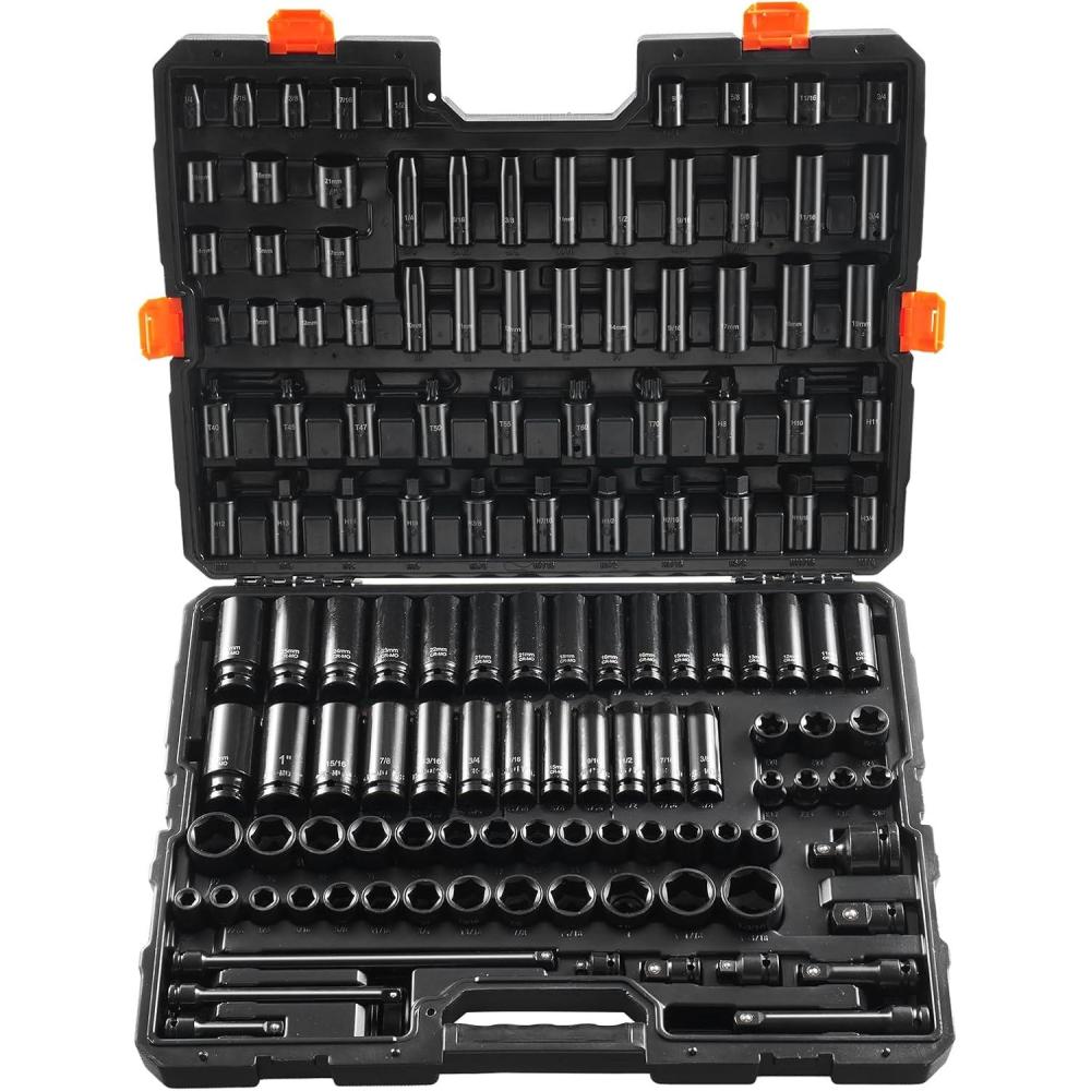 image:imageVEVOR Impact Socket Set 38 Drive 64Piece Standard SAE 516 to 1 inch amp Metric 6 to 24 mm Size Deep amp Shallow 6 Point CRV Ratchet Handle Extension Bars Universal Joint Adapters12 38 130PCS CRMO