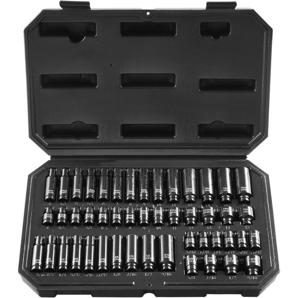 image:imageVEVOR Impact Socket Set 38 Drive 64Piece Standard SAE 516 to 1 inch amp Metric 6 to 24 mm Size Deep amp Shallow 6 Point CRV Ratchet Handle Extension Bars Universal Joint Adapters14 48PCS CRMO