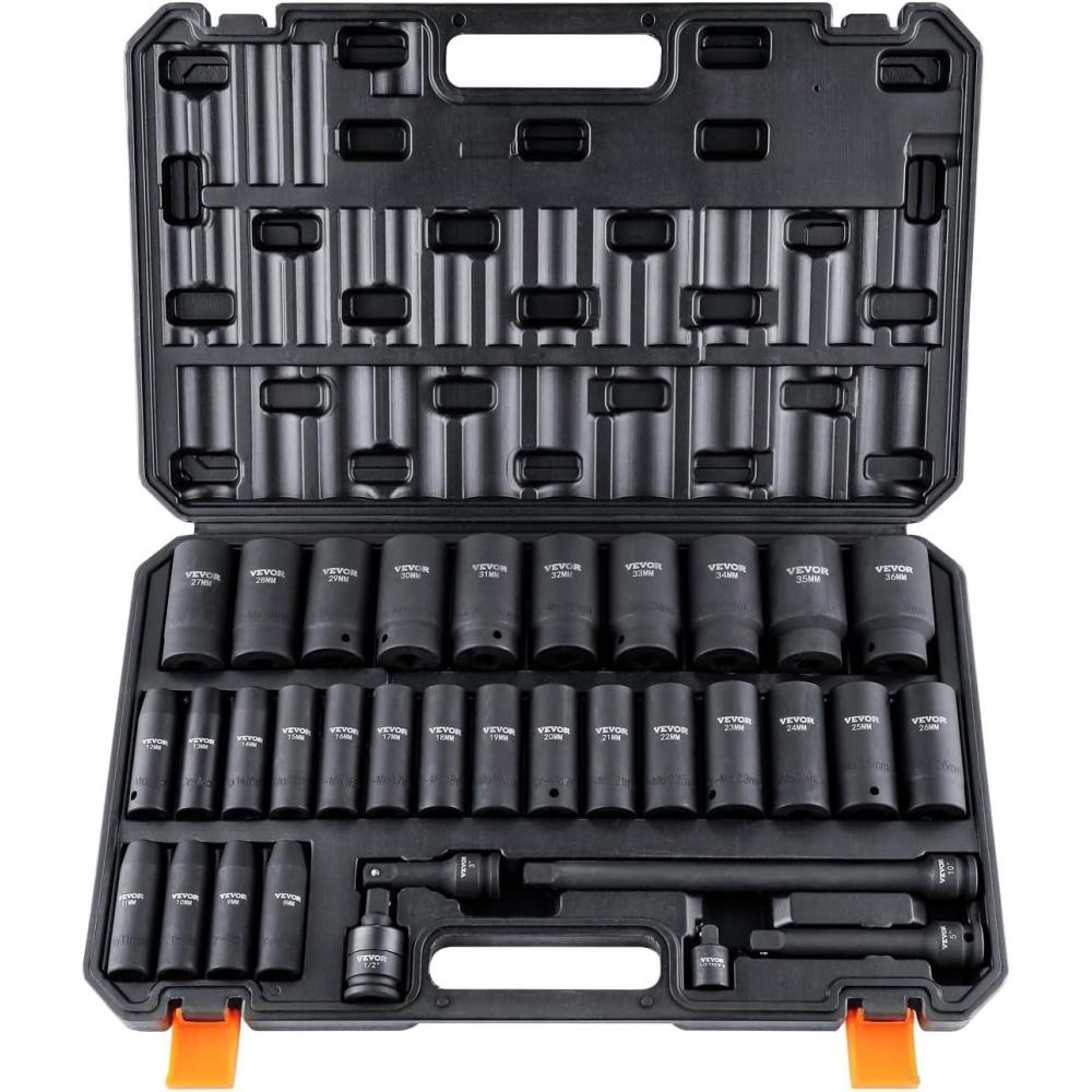 image:imageVEVOR Impact Socket Set 38 Drive 64Piece Standard SAE 516 to 1 inch amp Metric 6 to 24 mm Size Deep amp Shallow 6 Point CRV Ratchet Handle Extension Bars Universal Joint Adapters12 34PCS CRMO