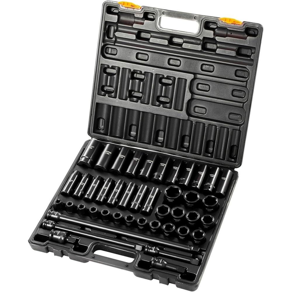 image:imageVEVOR Impact Socket Set 38 Drive 64Piece Standard SAE 516 to 1 inch amp Metric 6 to 24 mm Size Deep amp Shallow 6 Point CRV Ratchet Handle Extension Bars Universal Joint Adapters12 43PCS