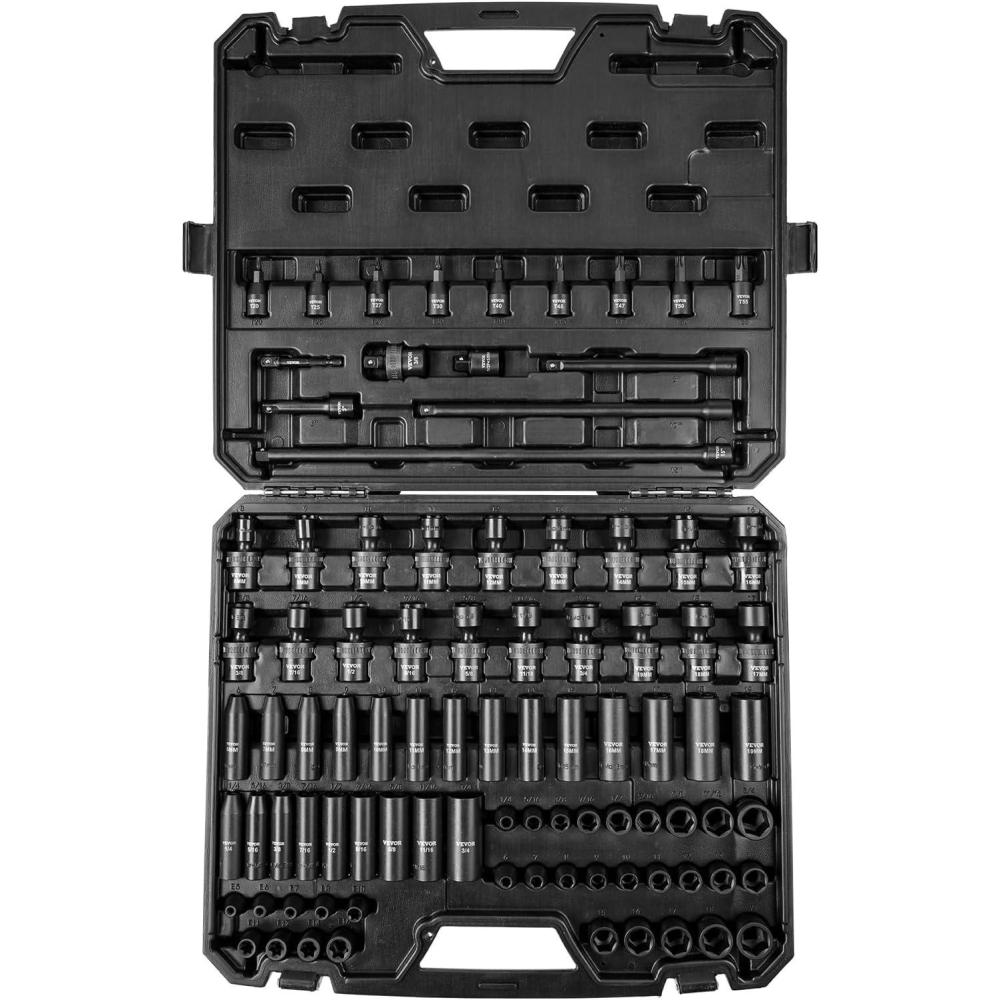 image:imageVEVOR Impact Socket Set 38 Drive 64Piece Standard SAE 516 to 1 inch amp Metric 6 to 24 mm Size Deep amp Shallow 6 Point CRV Ratchet Handle Extension Bars Universal Joint Adapters38 90PCS Swivel CRMO
