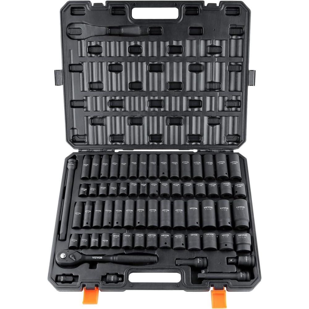 image:imageVEVOR Impact Socket Set 38 Drive 64Piece Standard SAE 516 to 1 inch amp Metric 6 to 24 mm Size Deep amp Shallow 6 Point CRV Ratchet Handle Extension Bars Universal Joint Adapters12 65PCS