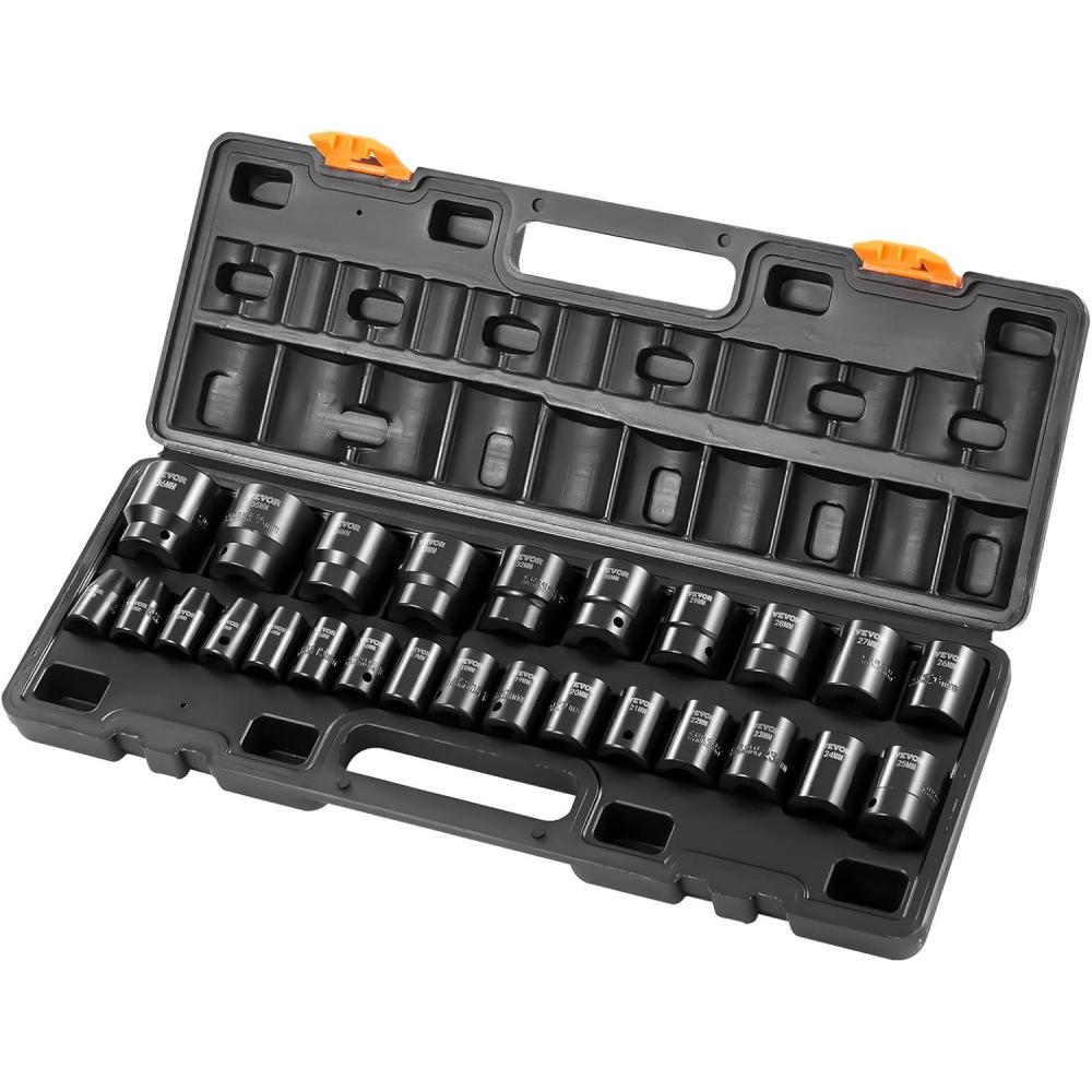 image:imageVEVOR Impact Socket Set 38 Drive 64Piece Standard SAE 516 to 1 inch amp Metric 6 to 24 mm Size Deep amp Shallow 6 Point CRV Ratchet Handle Extension Bars Universal Joint Adapters12 26PCS