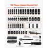 VEVOR 96 Piece 3/8″ Drive Impact Socket Wrench and Bit Set, SAE (5/16″ to 3/4″) & Metric (8 to 22 mm), CR-V, Deep & Shallow, 6 Point, Ratchet, Universal Joint, Bit Holder, Adapters, Spark Plug Socket(3/8″ 96 PCS)