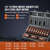 VEVOR Impact Socket Set 1/4″ Drive, 55-Piece Deep & Shallow Socket Set Standard SAE (5/32 to 9/16 inch) & Metric (4 to 15 mm) Size, 6 Point, CR-V, Extension Bar, Universal Joint, Reducer(1/2″ 13PCS)