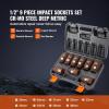 VEVOR Impact Socket Set 3/8″ Drive, 64-Piece Standard SAE (5/16 to 1 inch) & Metric (6 to 24 mm) Size, Deep & Shallow, 6 Point, CR-V, Ratchet Handle, Extension Bars, Universal Joint, Adapters(1/2″ 9PCS CR-MO)