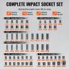 VEVOR Impact Socket Set 3/8″ Drive, 64-Piece Standard SAE (5/16 to 1 inch) & Metric (6 to 24 mm) Size, Deep & Shallow, 6 Point, CR-V, Ratchet Handle, Extension Bars, Universal Joint, Adapters(1/2″ & 3/8″ 130PCS CR-MO)