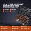 VEVOR Impact Socket Set 3/8″ Drive, 64-Piece Standard SAE (5/16 to 1 inch) & Metric (6 to 24 mm) Size, Deep & Shallow, 6 Point, CR-V, Ratchet Handle, Extension Bars, Universal Joint, Adapters(1/2″ 34PCS CR-MO)