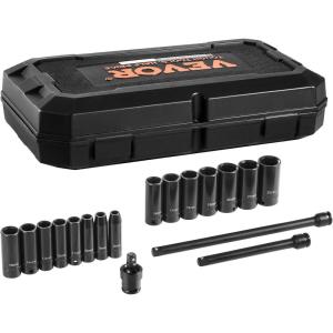 VEVOR 96 Piece 3/8″ Drive Impact Socket Wrench and Bit Set, SAE (5/16″ to 3/4″) & Metric (8 to 22 mm), CR-V, Deep & Shallow, 6 Point, Ratchet, Universal Joint, Bit Holder, Adapters, Spark Plug Socket(3/8″ 18PCS)