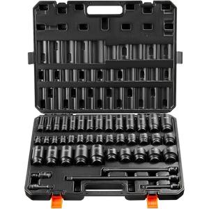 VEVOR 96 Piece 3/8″ Drive Impact Socket Wrench and Bit Set, SAE (5/16″ to 3/4″) & Metric (8 to 22 mm), CR-V, Deep & Shallow, 6 Point, Ratchet, Universal Joint, Bit Holder, Adapters, Spark Plug Socket(1/2″ 43PCS CR-MO)