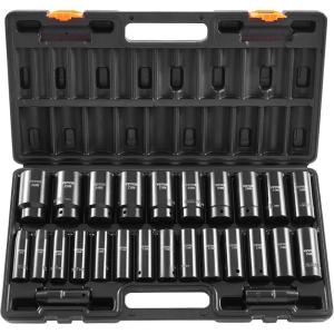 VEVOR 96 Piece 3/8″ Drive Impact Socket Wrench and Bit Set, SAE (5/16″ to 3/4″) & Metric (8 to 22 mm), CR-V, Deep & Shallow, 6 Point, Ratchet, Universal Joint, Bit Holder, Adapters, Spark Plug Socket(1/2″ 26PCS)