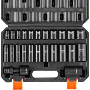 VEVOR 96 Piece 3/8″ Drive Impact Socket Wrench and Bit Set, SAE (5/16″ to 3/4″) & Metric (8 to 22 mm), CR-V, Deep & Shallow, 6 Point, Ratchet, Universal Joint, Bit Holder, Adapters, Spark Plug Socket(3/8″ 25PCS CR-MO)