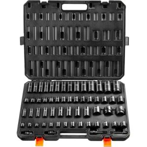 VEVOR 96 Piece 3/8″ Drive Impact Socket Wrench and Bit Set, SAE (5/16″ to 3/4″) & Metric (8 to 22 mm), CR-V, Deep & Shallow, 6 Point, Ratchet, Universal Joint, Bit Holder, Adapters, Spark Plug Socket(1/2″ & 3/8″ 59PCS CR-MO)