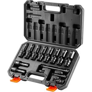 VEVOR 96 Piece 3/8″ Drive Impact Socket Wrench and Bit Set, SAE (5/16″ to 3/4″) & Metric (8 to 22 mm), CR-V, Deep & Shallow, 6 Point, Ratchet, Universal Joint, Bit Holder, Adapters, Spark Plug Socket(3/8″ 14PCS Universal CR-MO)