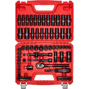 VEVOR 96 Piece 3/8″ Drive Impact Socket Wrench and Bit Set, SAE (5/16″ to 3/4″) & Metric (8 to 22 mm), CR-V, Deep & Shallow, 6 Point, Ratchet, Universal Joint, Bit Holder, Adapters, Spark Plug Socket(3/8″ 96 PCS)